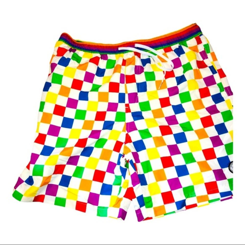 white & Rainbow checkered men’s swim‎ trunk new size large - Picture 2 of 9